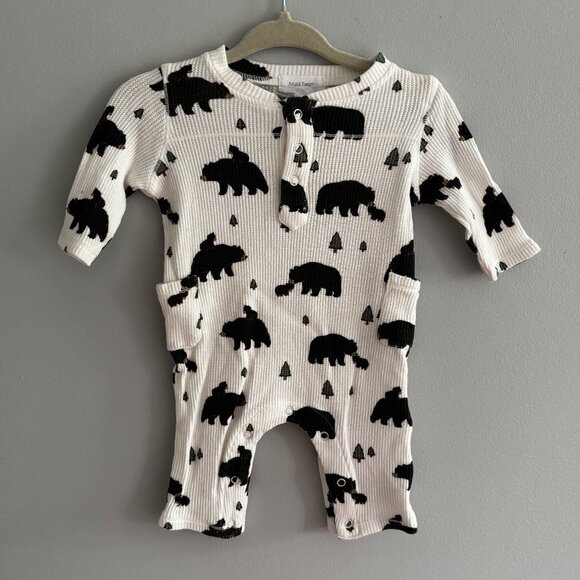 Angel Dear Bamboo Thermal Henley Playsuit Romper in White Black Bears EUC 0-3M - Picture 1 of 5